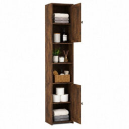 Rustic Oak Tall Bathroom Storage Cabinet 2 Door Mdf Freestanding - thumbnail 1