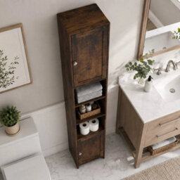 Rustic Oak Tall Bathroom Storage Cabinet 2 Door Mdf Freestanding - thumbnail 4