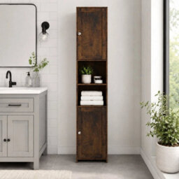 Rustic Oak Tall Bathroom Storage Cabinet 2 Door Mdf Freestanding - thumbnail 2