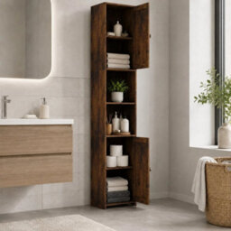Rustic Oak Tall Bathroom Storage Cabinet 2 Door Mdf Freestanding - thumbnail 3