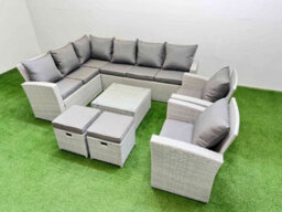 Fimous Outdoor Rattan Garden Furniture Set 10 Seater Corner Sofa Sets With Square Coffee Table Chair 2 Small Footstool Light Grey - thumbnail 2