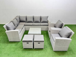 Fimous Outdoor Rattan Garden Furniture Set 10 Seater Corner Sofa Sets With Square Coffee Table Chair 2 Small Footstool Light Grey - thumbnail 1