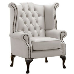 Chesterfield High Back Wing Chair Shelly Almond Leather Bespoke In Queen Anne Style - thumbnail 1