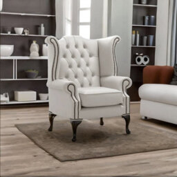 Chesterfield High Back Wing Chair Shelly Almond Leather Bespoke In Queen Anne Style - thumbnail 2