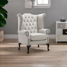Chesterfield High Back Wing Chair Shelly Almond Leather Bespoke In Queen Anne Style - thumbnail 3