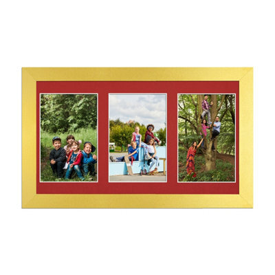 AK Frames 40X20Cm Gold Modern Multi Photo Frame With Crimson Mount - Holds 3 Apertures (3X) 6X4 Photos - image 1