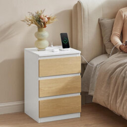 Songmics Nightstand Set With Power Strips, Bedside Tables With Drawers, Usb Outlets, Cloud White And Almond Yellow - thumbnail 1