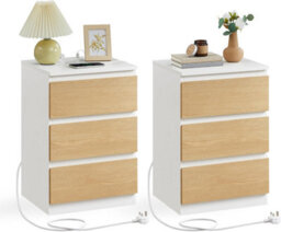Songmics Nightstand Set With Power Strips, Bedside Tables With Drawers, Usb Outlets, Cloud White And Almond Yellow - thumbnail 7