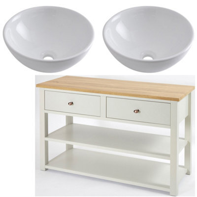 Homestylestore 1215mm Antique White And Oak Bathroom Vanity Unit With Round Countertop Basins And Copper Round Handles - image 1