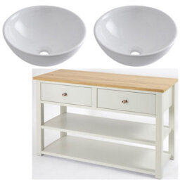 Homestylestore 1215mm Antique White And Oak Bathroom Vanity Unit With Round Countertop Basins And Copper Round Handles - thumbnail 1
