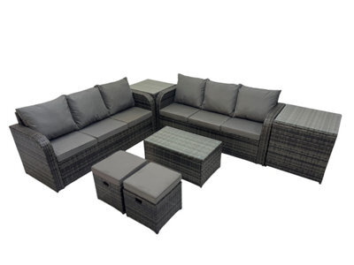 Fimous Outdoor 3 Seater Sofa Coffee Table Set Garden Rattan Furniture Set 8 Seater With 2 Small Stools 2 Side Tables Dark Grey - image 1