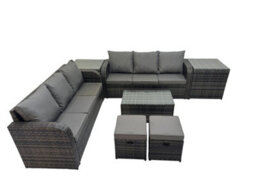 Fimous Outdoor 3 Seater Sofa Coffee Table Set Garden Rattan Furniture Set 8 Seater With 2 Small Stools 2 Side Tables Dark Grey - thumbnail 2