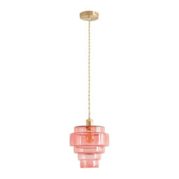 Valuelights Lane Pink Glass 5 Tier Layer Shade Brushed Gold Single Ceiling Pendant Light