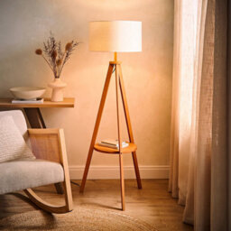 ValueLights Morrigan Mid Wood Shelf Floor Lamp With White Trim Drum Shade - thumbnail 2