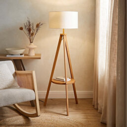 ValueLights Morrigan Mid Wood Shelf Floor Lamp With White Trim Drum Shade - thumbnail 1