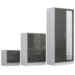 Reflect 2 Door Mirror Wardrobe, 5 Drawer Chest, 2 Drawer Bedside - Grey Gloss & Matt White - Modern Bedroom Furniture Set - thumbnail 5