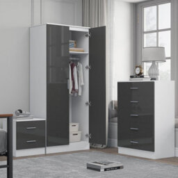 Reflect 2 Door Mirror Wardrobe, 5 Drawer Chest, 2 Drawer Bedside - Grey Gloss & Matt White - Modern Bedroom Furniture Set - thumbnail 2
