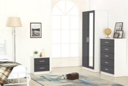 Reflect 2 Door Mirror Wardrobe, 5 Drawer Chest, 2 Drawer Bedside - Grey Gloss & Matt White - Modern Bedroom Furniture Set - thumbnail 1