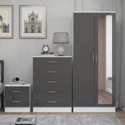 Reflect 2 Door Mirror Wardrobe, 5 Drawer Chest, 2 Drawer Bedside - Grey Gloss & Matt White - Modern Bedroom Furniture Set - thumbnail 3