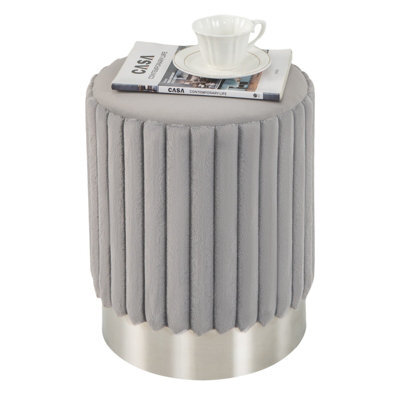 Gainoom Modern Round Grey Velvet Ottoman Upholstered Footrest Stool With Decorative Vertical Tufting - image 1