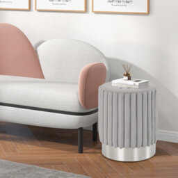 Gainoom Modern Round Grey Velvet Ottoman Upholstered Footrest Stool With Decorative Vertical Tufting - thumbnail 4