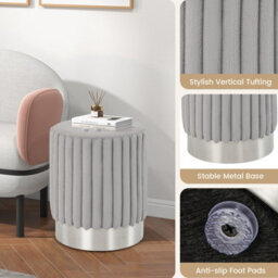 Gainoom Modern Round Grey Velvet Ottoman Upholstered Footrest Stool With Decorative Vertical Tufting - thumbnail 7