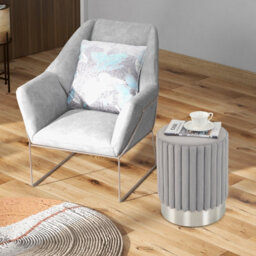 Gainoom Modern Round Grey Velvet Ottoman Upholstered Footrest Stool With Decorative Vertical Tufting - thumbnail 6