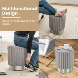 Gainoom Modern Round Grey Velvet Ottoman Upholstered Footrest Stool With Decorative Vertical Tufting - thumbnail 9