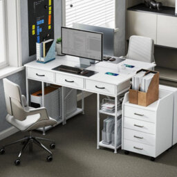 Writing Desk Power Outlets Drawers Shelves White - thumbnail 8