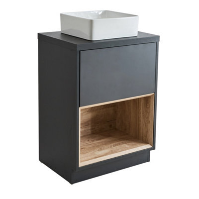 Homestylestore Black Grey 600mm Bathroom Vanity Unit Open Shelf With Square Countertop Basin - image 1