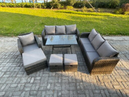 Fimous Wicker 7 Pieces Rattan Garden Furniture Sofa Set With Rectangular Dining Table Armchair 3 Footstools - thumbnail 2