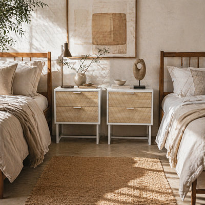 Wyld Haus Filu Reno Set Of 2 White And Oak Chevron Bedside Tables With 2 Drawers - Compact Pair - image 1