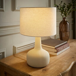 Valuelights Hayley Natural Linen Drum Shade Beige Squat Base Ceramic Stoneware Table Lamp - thumbnail 2