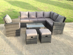 Fimous 9 Seater High Back Rattan Garden Furniture Set Corner Sofa With Oblong Coffee Table Stools With Chair - thumbnail 1