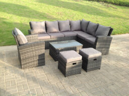 Fimous 9 Seater High Back Rattan Garden Furniture Set Corner Sofa With Oblong Coffee Table Stools With Chair - thumbnail 2