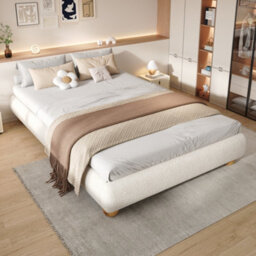 Btm 4Ft6 Double Upholstered Bed 135X190Cm With Boucle Fabric Sturdy Slats And Soft Headboard Beige - thumbnail 2