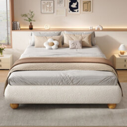 Btm 4Ft6 Double Upholstered Bed 135X190Cm With Boucle Fabric Sturdy Slats And Soft Headboard Beige - thumbnail 3
