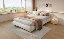 Btm 4Ft6 Double Upholstered Bed 135X190Cm With Boucle Fabric Sturdy Slats And Soft Headboard Beige - thumbnail 8