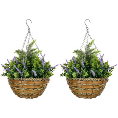Wyld Haus Tane Set Of 2 Hanging Artificial Lavender Flower Pots For Indoor Display - Purple, 34Cm Height - image 1