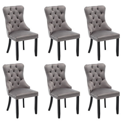 BTM Set Of 6 Modern Velvet Dining Chairs, Button Tufted With Solid Wood Legs And Knocker Ring For Dining Or Living Room (Grey) - image 1
