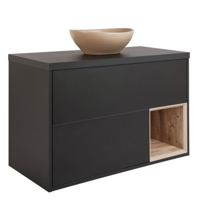 Homestylestore Black Grey 1000mm Led Lit Wall Hung Bathroom Vanity Unit With Oval Sand Countertop Basin - image 1