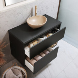 Homestylestore Black Grey 1000mm Led Lit Wall Hung Bathroom Vanity Unit With Oval Sand Countertop Basin - thumbnail 2