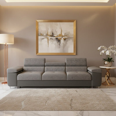 Torezio 3 Seater Sofa Bed Has Adjustable Headrests And Dolphin Mechanism Grey And Grey Melange - image 1