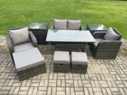 Fimous Rattan Outdoor Garden Furniture Set Rectangular Dining Table And Chair Sofa Set With 2 Side Tables 3 Footstool - thumbnail 1