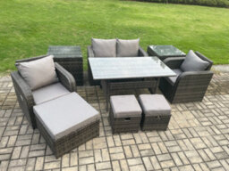 Fimous Rattan Outdoor Garden Furniture Set Rectangular Dining Table And Chair Sofa Set With 2 Side Tables 3 Footstool - thumbnail 2