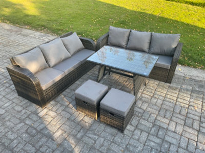 Fimous 8 Seater Garden Furniture Sofa Set Rectangular Dining Table 2 Small Footstool Indoor Outdoor Rattan Set Dark Grey Mixed - image 1