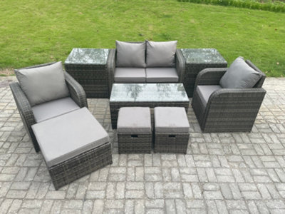Fimous Rattan Lounge Sofa Set Outdoor Garden Furniture Set With Rectangular Coffee Table Love Sofa 2 Side Tables 3 Footstools - image 1