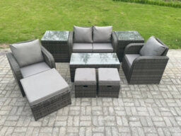 Fimous Rattan Lounge Sofa Set Outdoor Garden Furniture Set With Rectangular Coffee Table Love Sofa 2 Side Tables 3 Footstools - thumbnail 1