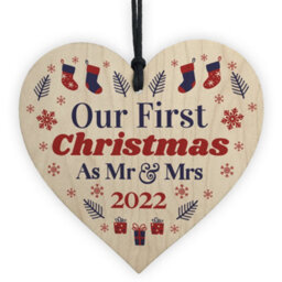 Red Ocean First Christmas Mr Mrs Bauble 2022 Wooden Heart Hanging Tree