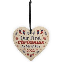 Red Ocean First Christmas Mr Mrs Bauble 2022 Wooden Heart Hanging Tree - thumbnail 5